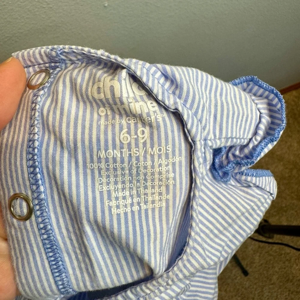 Sweet Strawberry Embroidered Pin Stripe Romper | Ruffles | 6-9mo | EUC | Blue - Picture 7 of 7
